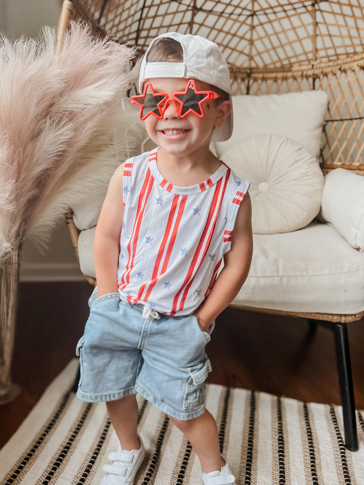 Little Joy Co. Stars & Stripes bamboo baby tank top with red, white, and blue design