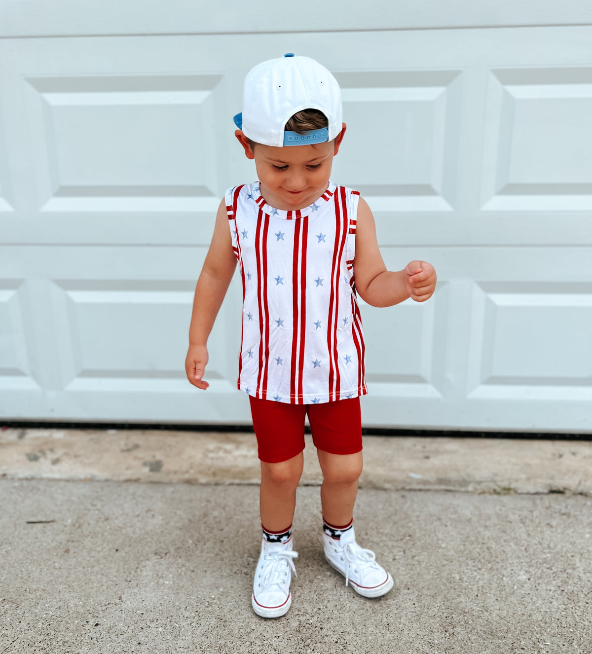 Little Joy Co. Stars & Stripes bamboo baby tank top with red, white, and blue design