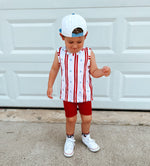 Little Joy Co. Stars & Stripes bamboo baby tank top with red, white, and blue design