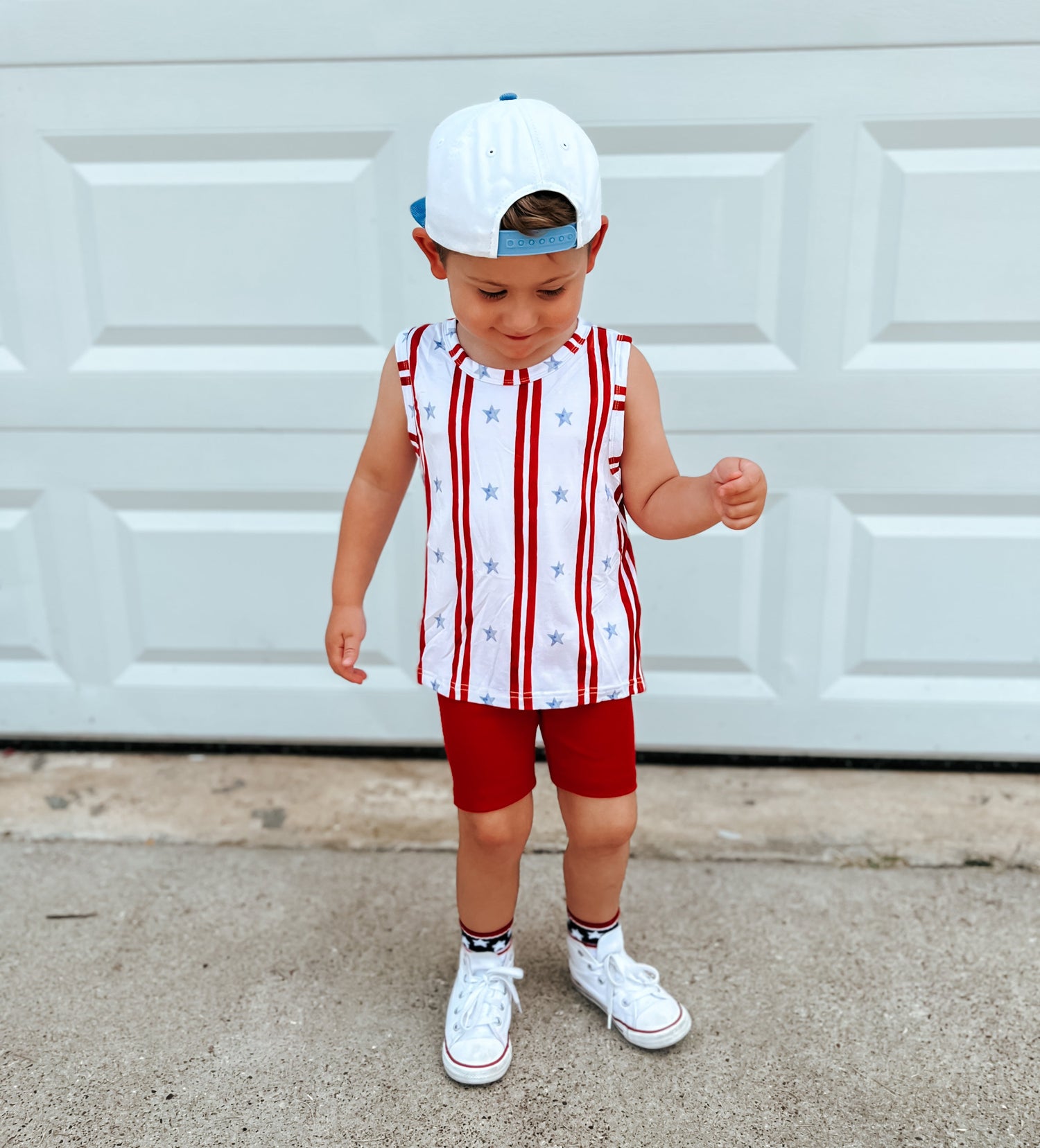 Little Joy Co. Stars & Stripes bamboo baby tank top with red, white, and blue design