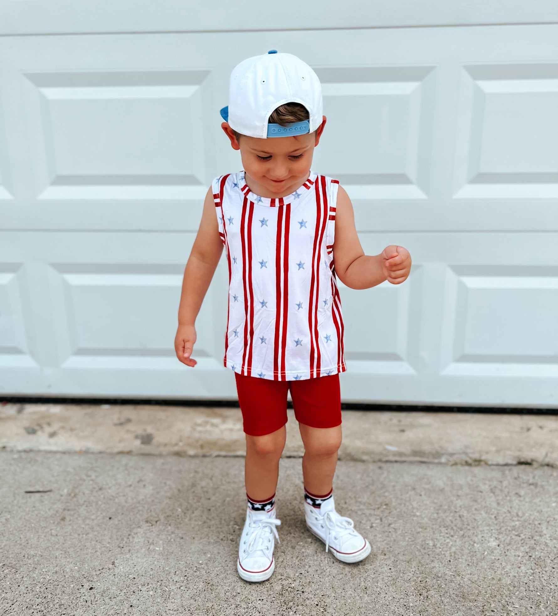 Little Joy Co. Stars & Stripes bamboo baby tank top with red, white, and blue design