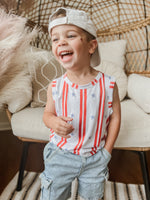 Little Joy Co. Stars & Stripes bamboo baby tank top with red, white, and blue design