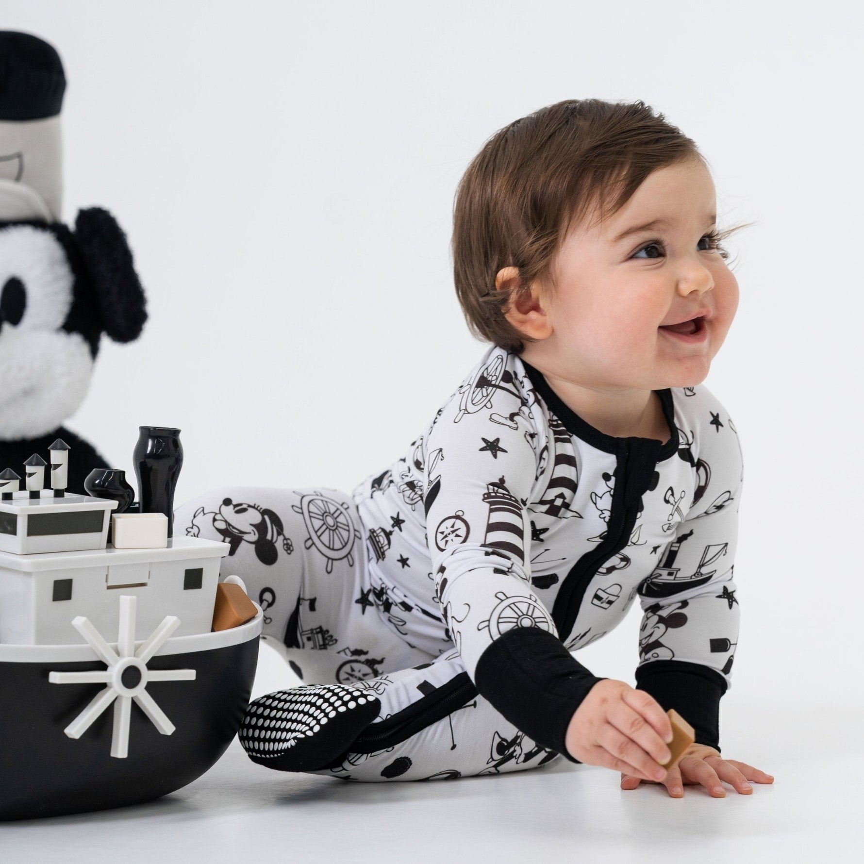 Bam & Stitch Steamboat Willie Bamboo Convertible Romper | Vintage Disney Sleeper - 