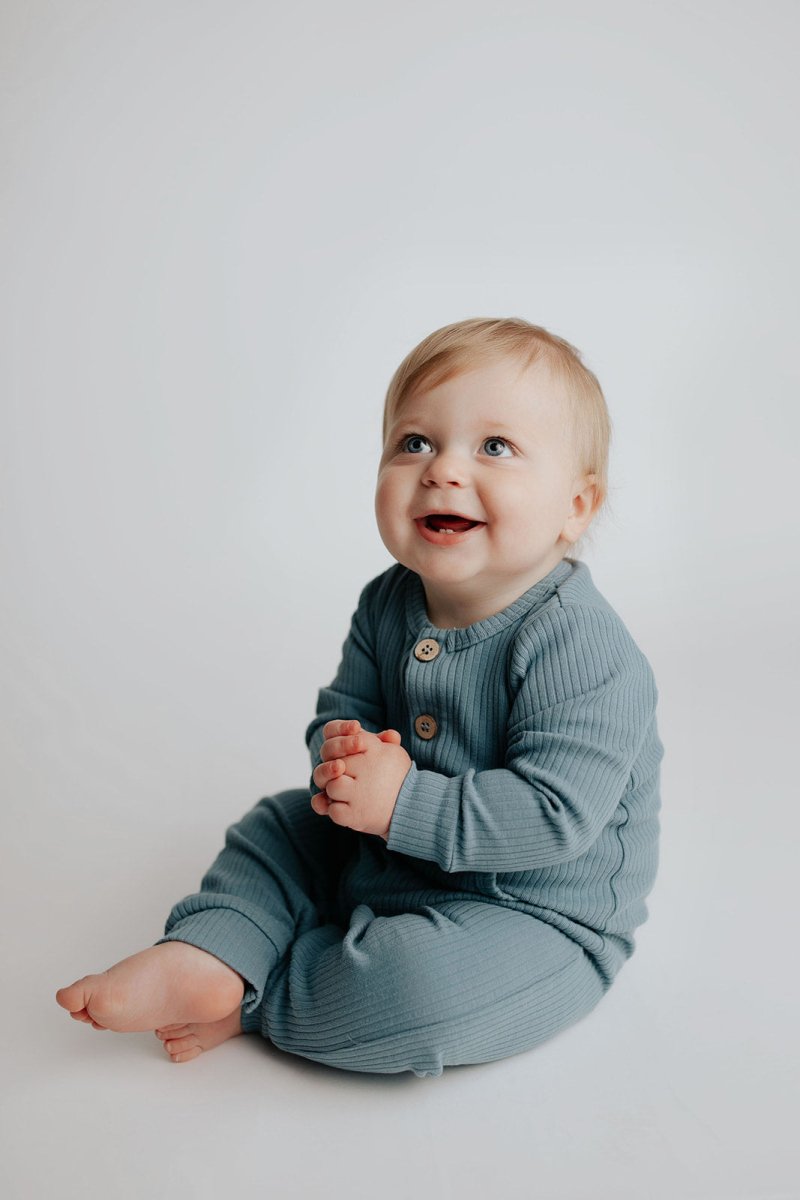 Three Little Tots Storm Blue Baby Ribbed Playsuit with pockets - 
