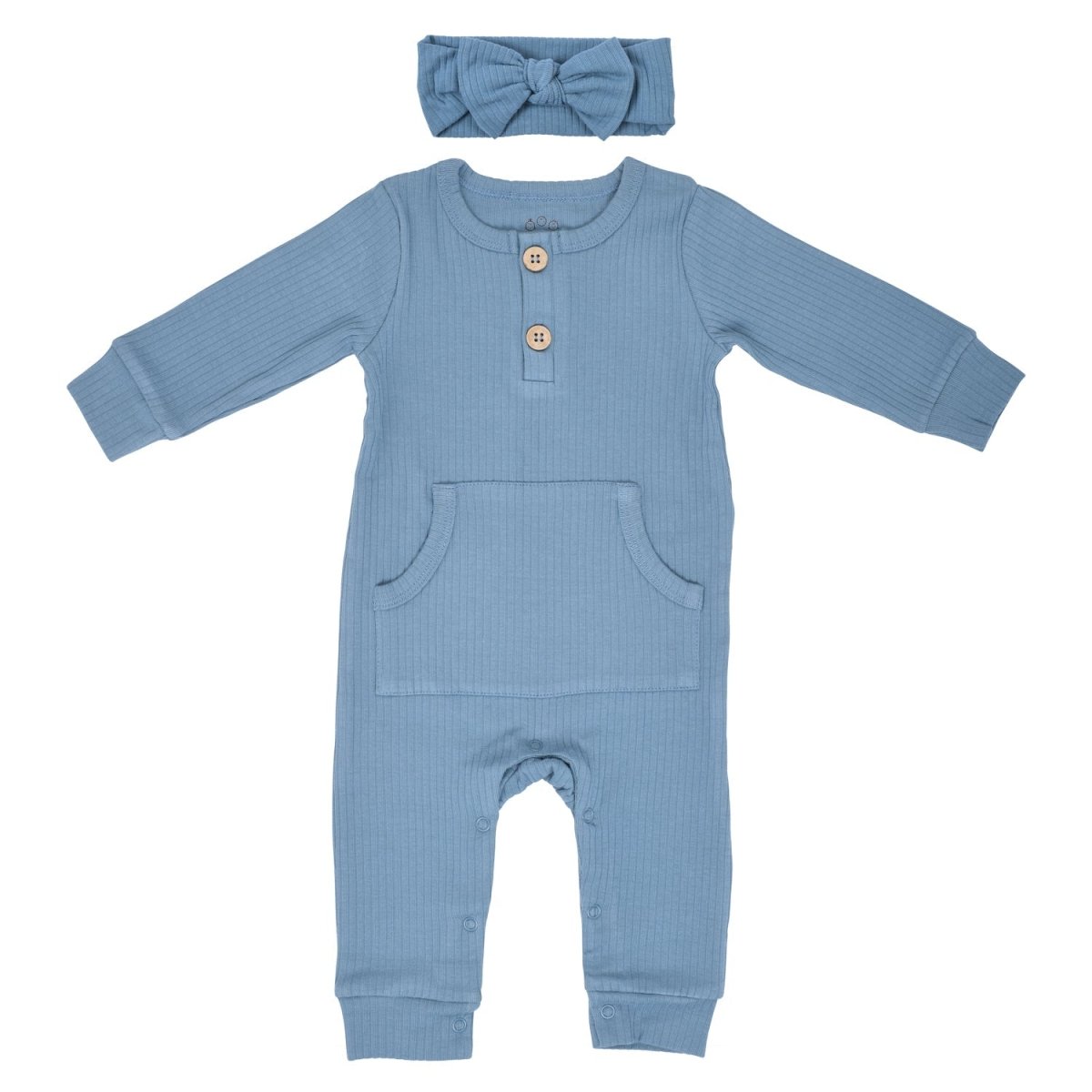 Three Little Tots Storm Blue Baby Ribbed Playsuit with pockets - 