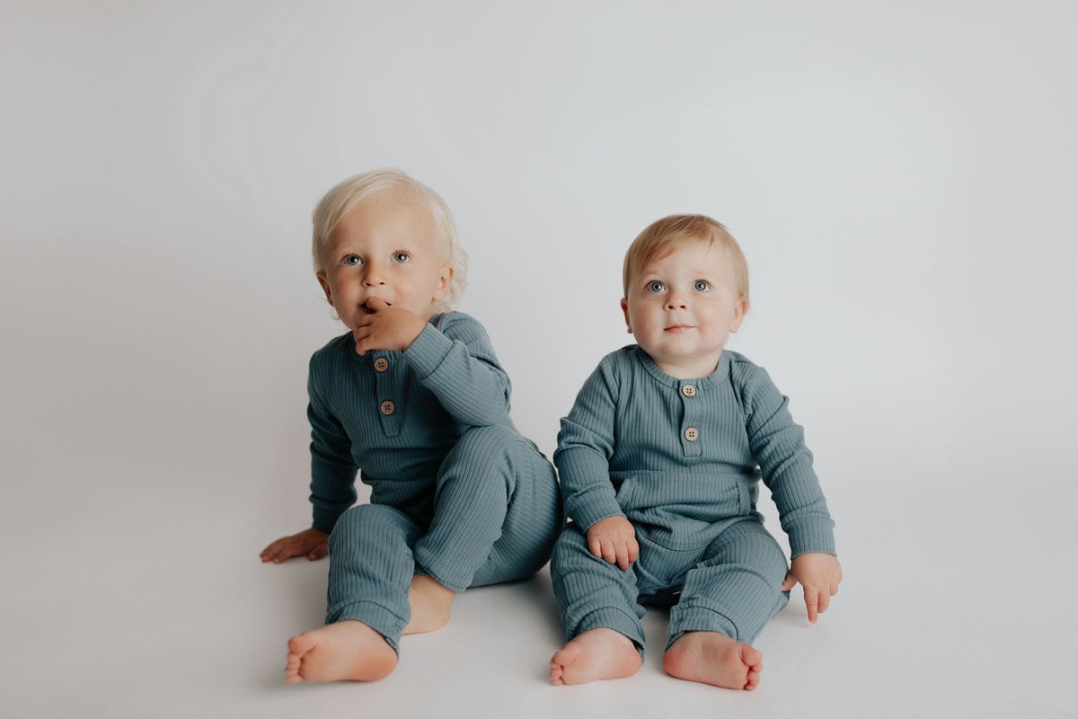 Three Little Tots Storm Blue Baby Ribbed Playsuit with pockets - 