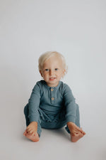Three Little Tots Storm Blue Baby Ribbed Playsuit with pockets - 