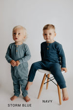 Three Little Tots Storm Blue Baby Ribbed Playsuit with pockets - 