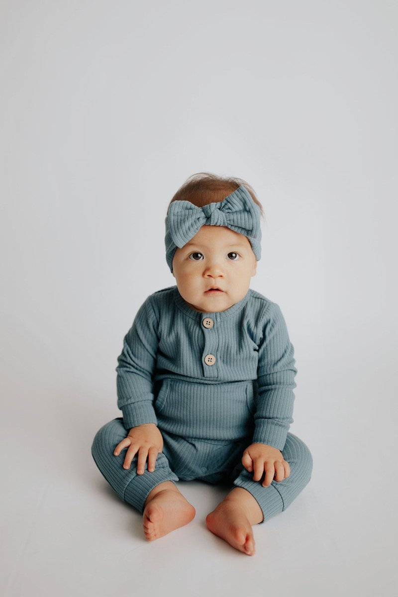 Three Little Tots Storm Blue Baby Ribbed Playsuit with pockets - 