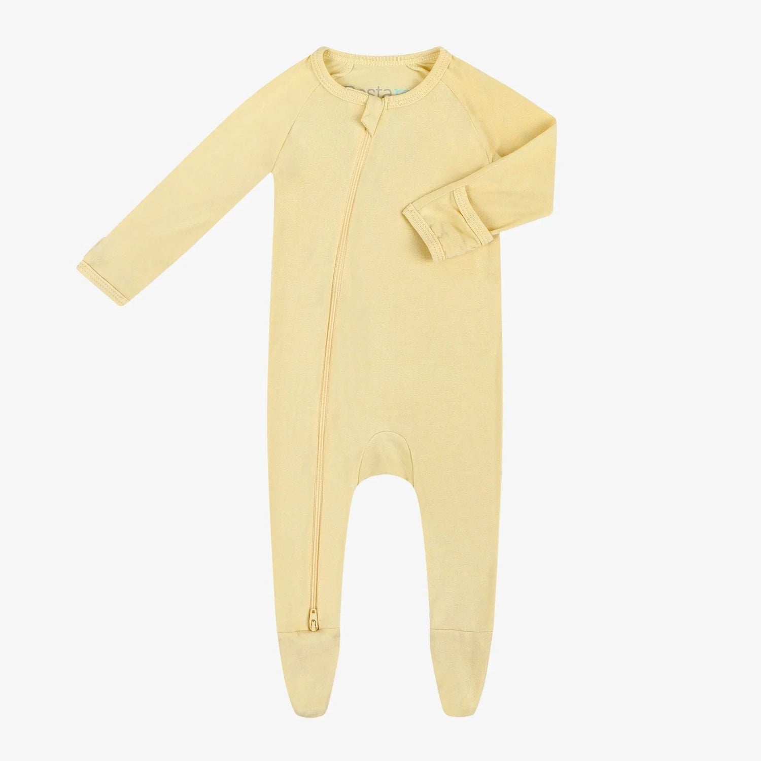 Straw-colored footie pajamas with built-in fold-over mittens and a full-length two-way zipper.