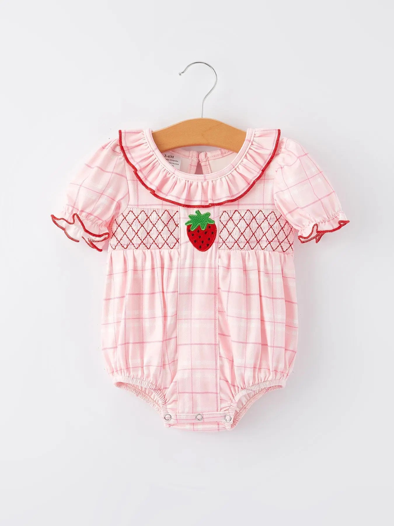 Strawberry Applique Flying Sleeves Plaid Girls' Romper - Baby & Toddler Clothing, Pink, Fruit, Ruffle, Berry | Everetts Place