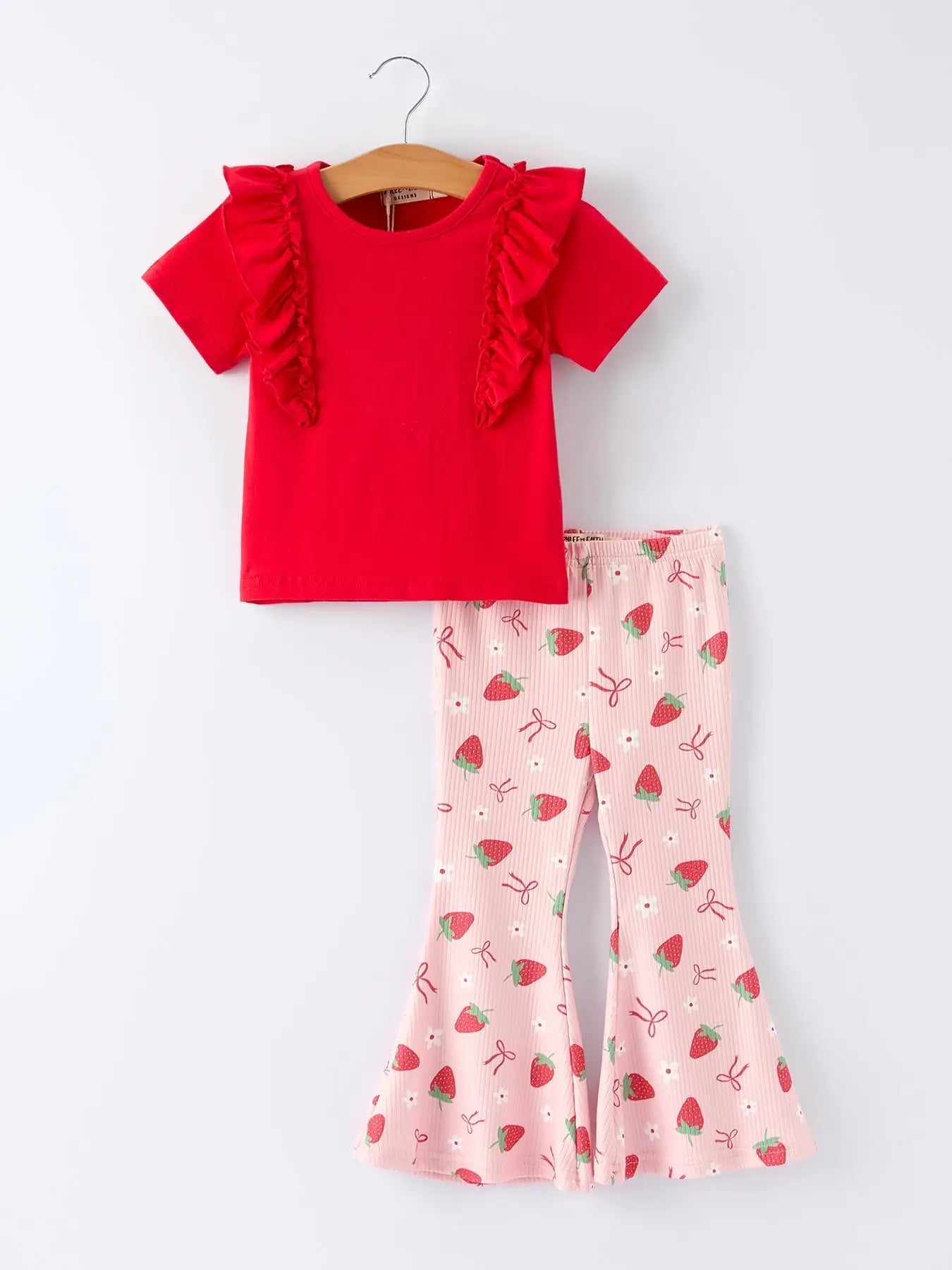 Rylee Faith Designs Strawberry Bow Girls Ruffle Top and Bell Bottoms Set - 