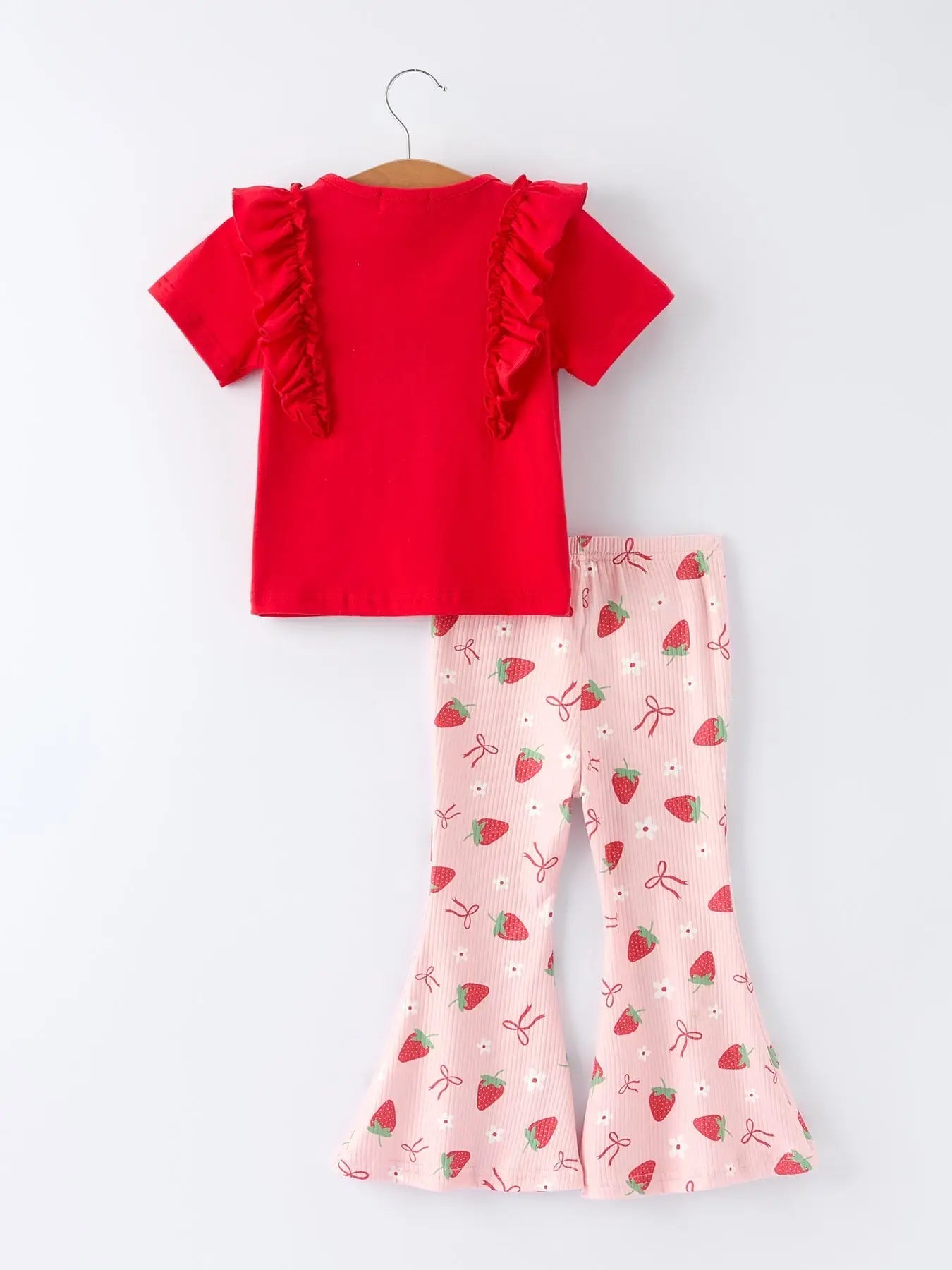 Rylee Faith Designs Strawberry Bow Girls Ruffle Top and Bell Bottoms Set - 