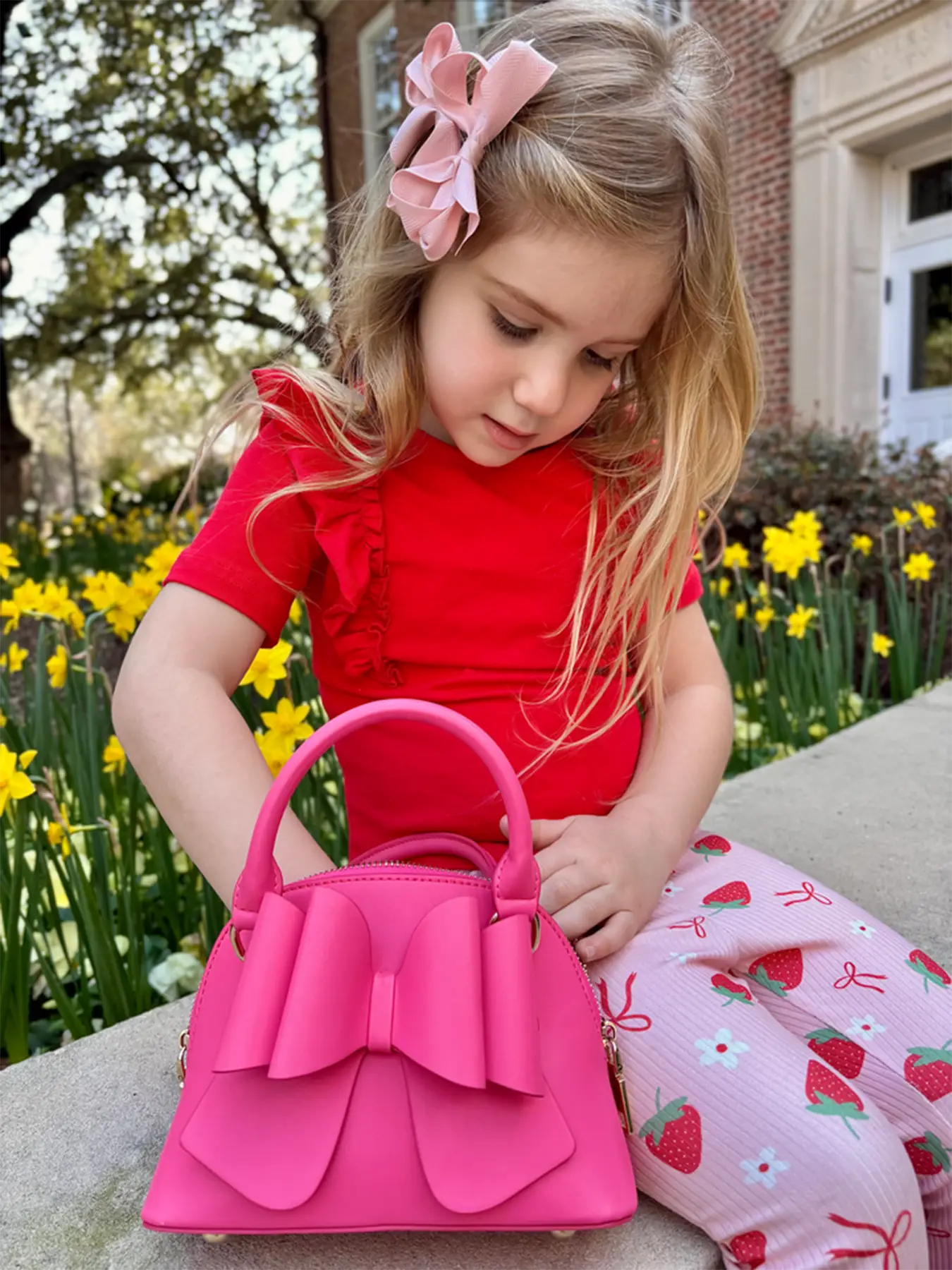 Rylee Faith Designs Strawberry Bow Girls Ruffle Top and Bell Bottoms Set - 