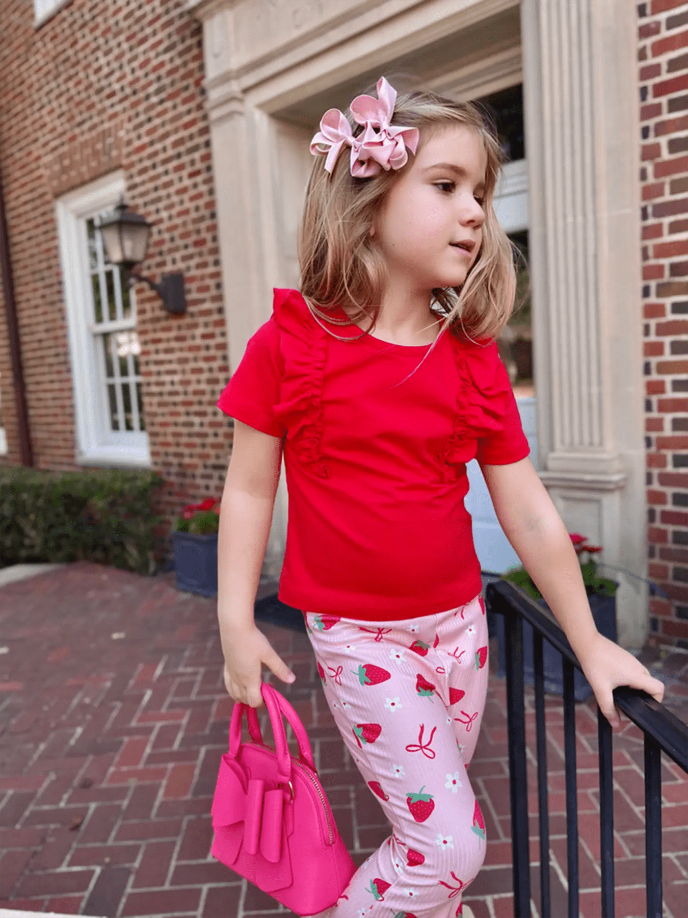 Rylee Faith Designs Strawberry Bow Girls Ruffle Top and Bell Bottoms Set - 