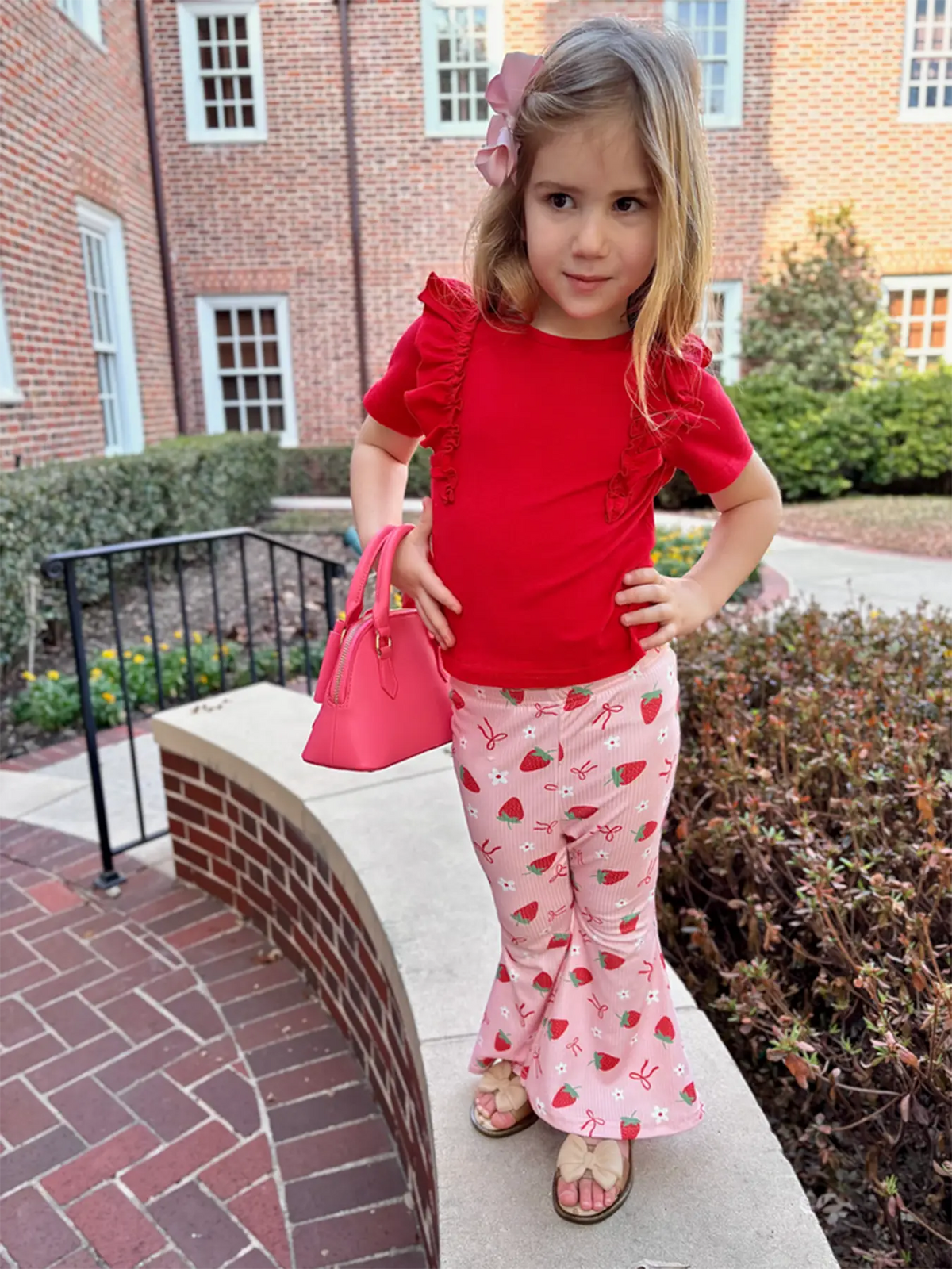 Strawberry Bow Girls Ruffle Top and Bell Bottoms Set - Red, Pink, Baby & Toddler Clothing, Child, Blond | Everetts Place