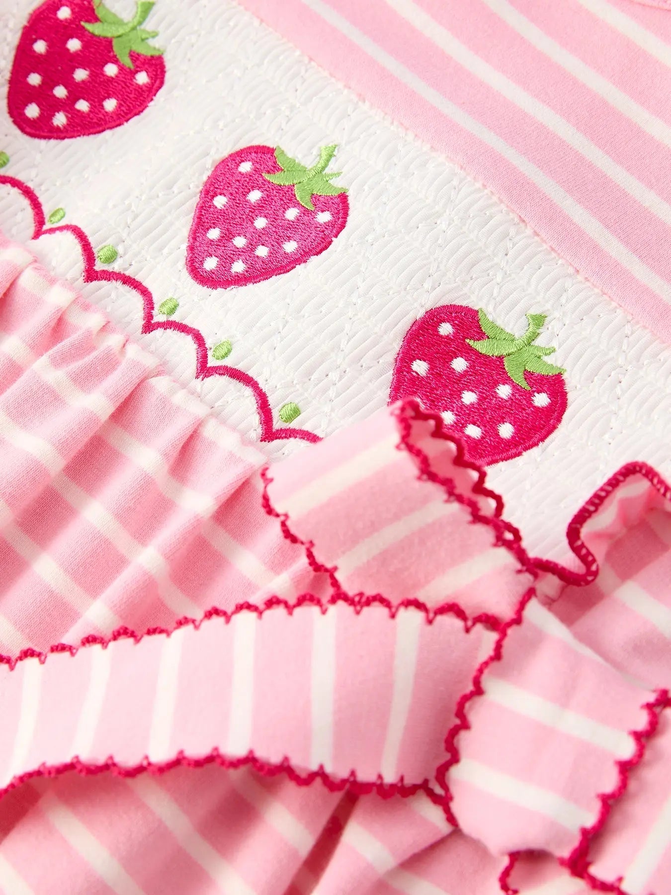 Rylee Faith Designs Strawberry Embroidery Pink Stripe Girl Smocked Dress - 