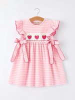 Rylee Faith Designs Strawberry Embroidery Pink Stripe Girl Smocked Dress - 