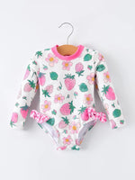 Rylee Faith Designs Strawberry Floral Print Long Sleeve Girls One Piece Swimsuit - 