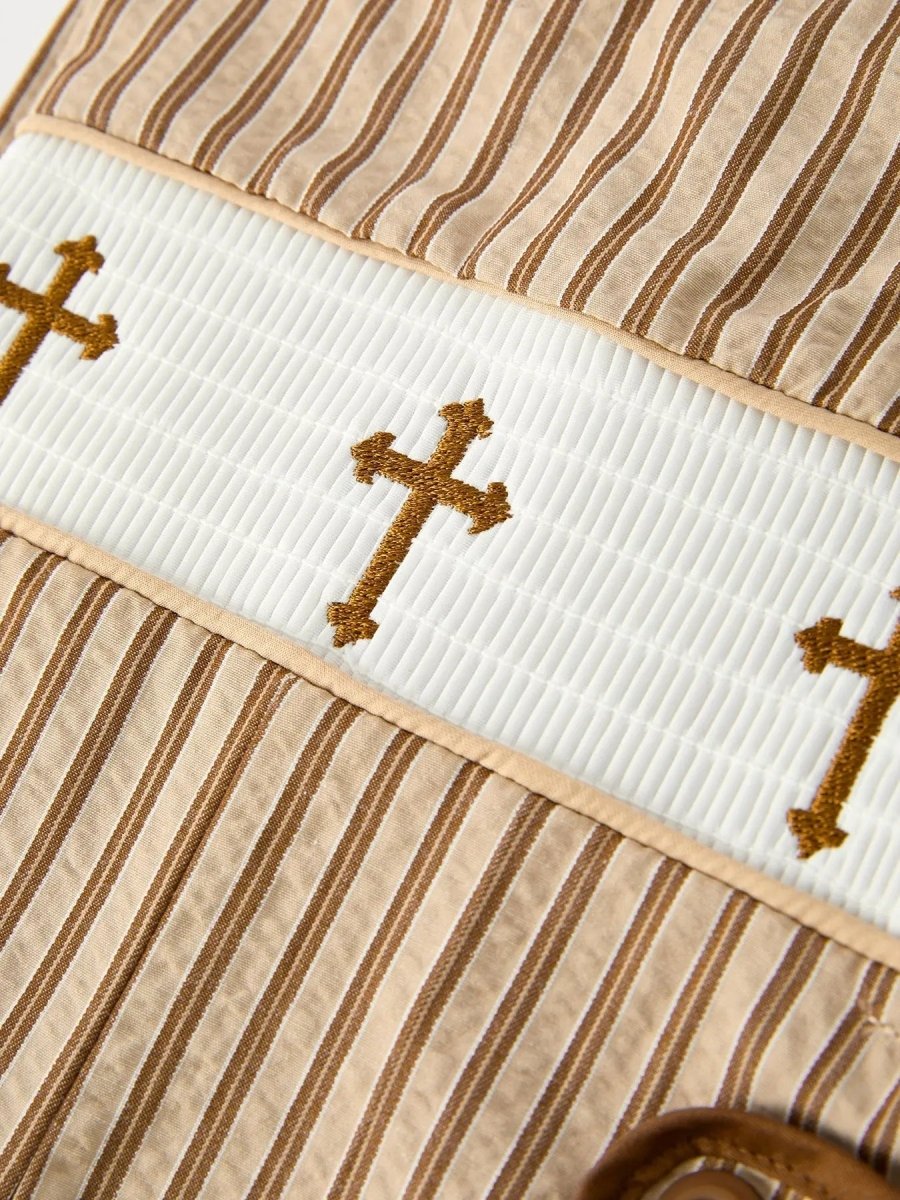 Rylee Faith Designs Stripe Smocked Church Christ Bishop Christening Toddler Boys Romper - Everetts Place Boutique - 
