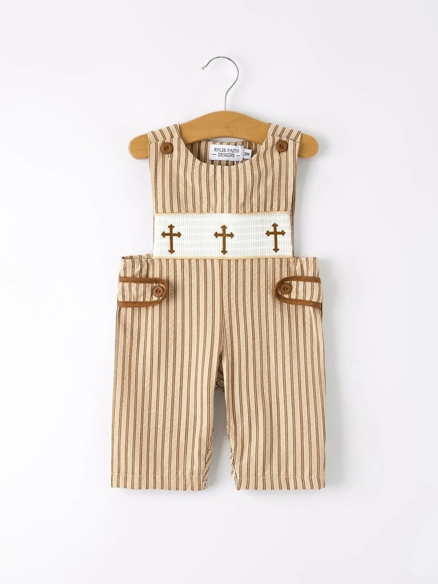 Rylee Faith Designs Stripe Smocked Church Christ Bishop Christening Toddler Boys Romper - Everetts Place Boutique - 