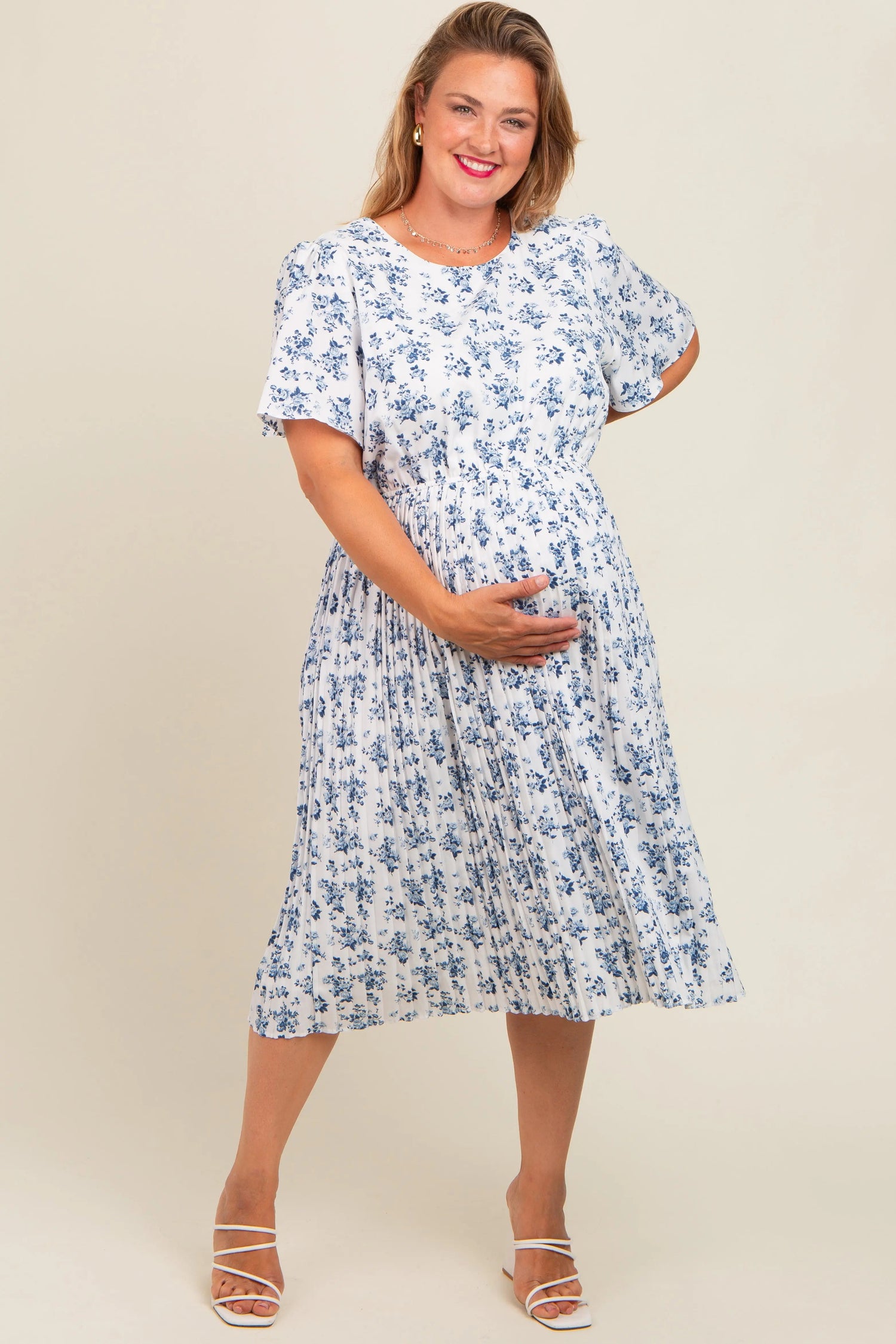 PinkBlush Stylish Blue Ditsy Floral Pleated Plus Maternity Dress for Expecting Moms - 