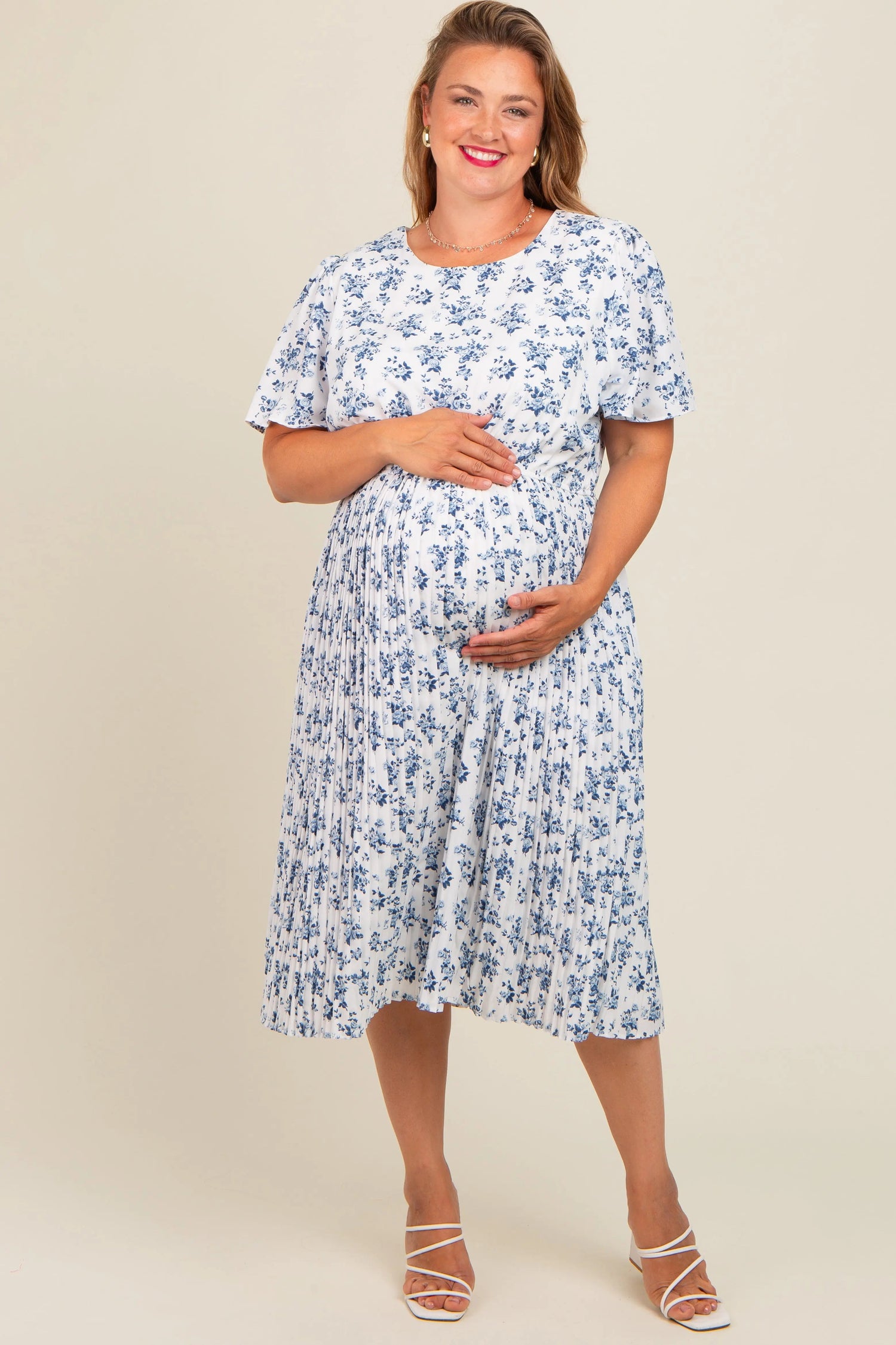 PinkBlush Stylish Blue Ditsy Floral Pleated Plus Maternity Dress for Expecting Moms - 