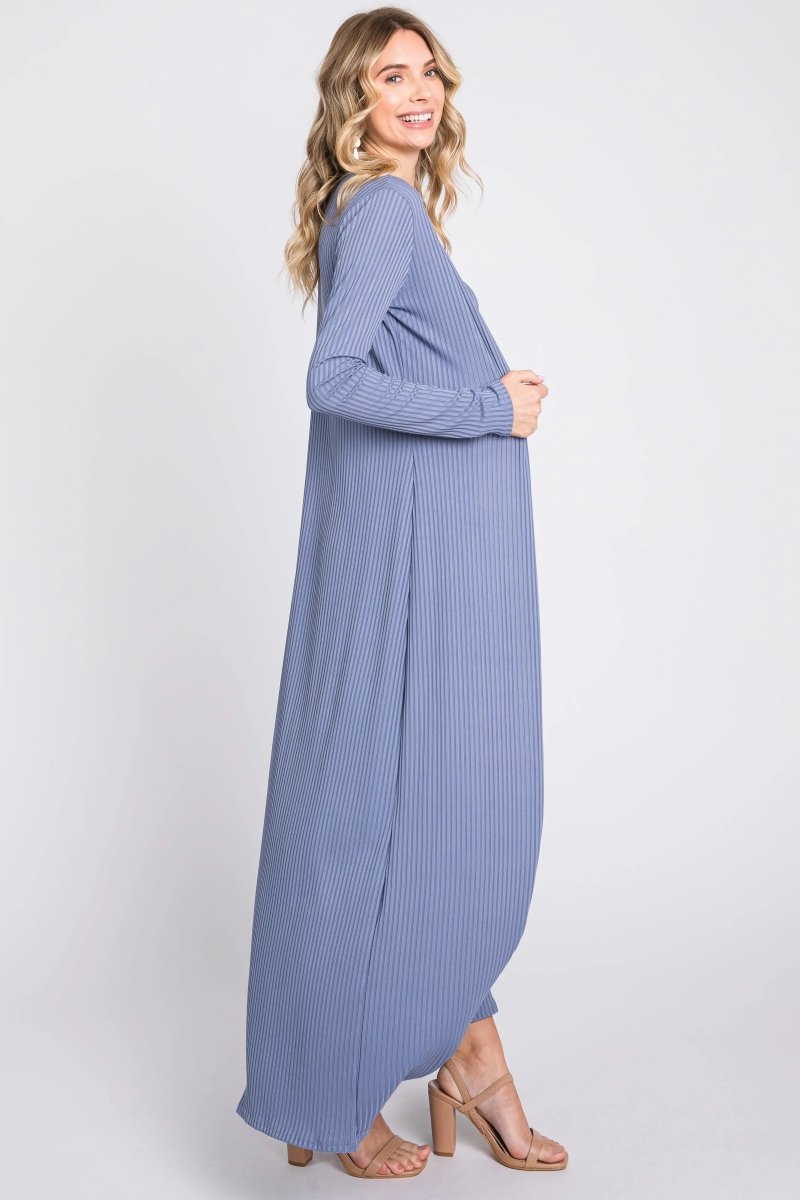 PinkBlush Stylish Blue Ribbed Dress Cardigan Set with Long Sleeve for Trendy Women - 