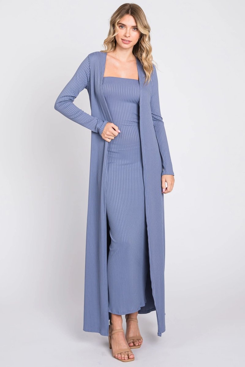 PinkBlush Stylish Blue Ribbed Dress Cardigan Set with Long Sleeve for Trendy Women - 
