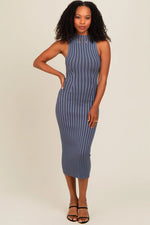 PinkBlush Stylish Blue Ribbed Knit Mock Neck Dress for Casual or Elegant Occasions - 