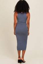 PinkBlush Stylish Blue Ribbed Knit Mock Neck Dress for Casual or Elegant Occasions - 