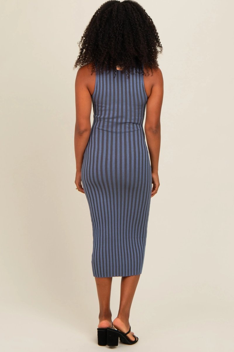 PinkBlush Stylish Blue Ribbed Knit Mock Neck Dress for Casual or Elegant Occasions - 