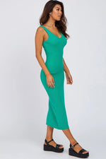 PinkBlush Stylish Green Midi Dress with V Neck and Scoop Back for Fashion Enthusiasts - 