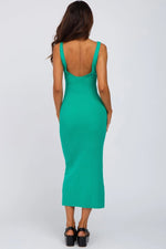 PinkBlush Stylish Green Midi Dress with V Neck and Scoop Back for Fashion Enthusiasts - 