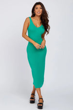 PinkBlush Stylish Green Midi Dress with V Neck and Scoop Back for Fashion Enthusiasts - 