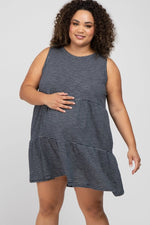 PinkBlush Stylish Navy Blue Striped Sleeveless Tiered Maternity Dress for Plus Size Moms - 