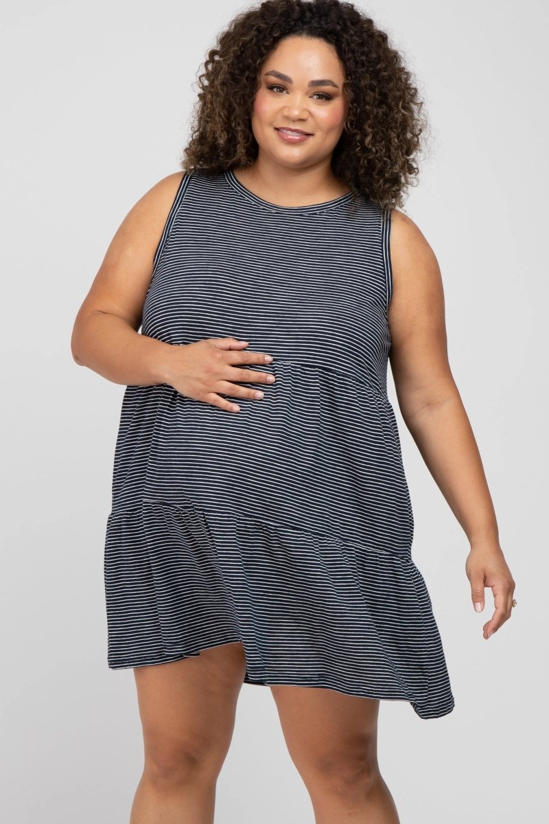 PinkBlush Stylish Navy Blue Striped Sleeveless Tiered Maternity Dress for Plus Size Moms - 