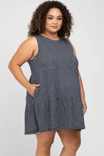 PinkBlush Stylish Navy Blue Striped Sleeveless Tiered Maternity Dress for Plus Size Moms - 