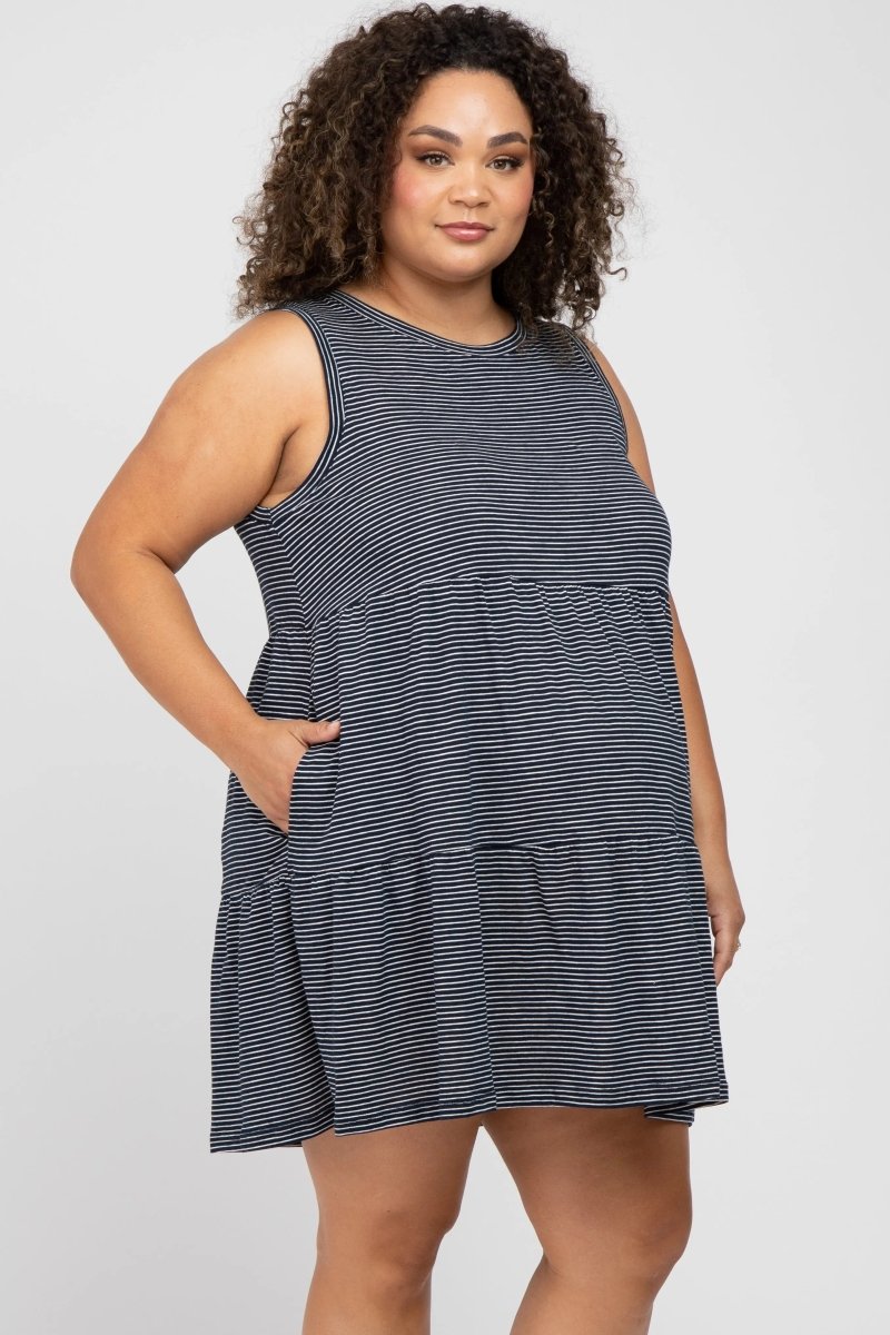 PinkBlush Stylish Navy Blue Striped Sleeveless Tiered Maternity Dress for Plus Size Moms - 