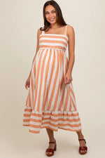 PinkBlush Stylish Orange Linen Striped Midi Dress with Tie Back for Expecting Mothers - 