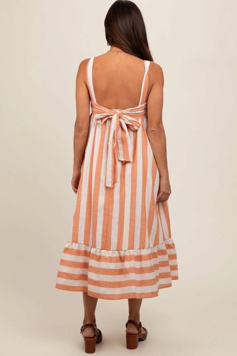 PinkBlush Stylish Orange Linen Striped Midi Dress with Tie Back for Expecting Mothers - 