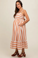 PinkBlush Stylish Orange Linen Striped Midi Dress with Tie Back for Expecting Mothers - 