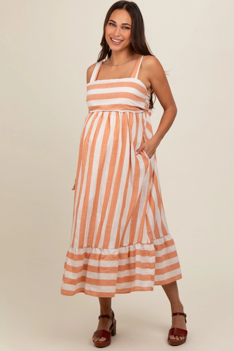 PinkBlush Stylish Orange Linen Striped Midi Dress with Tie Back for Expecting Mothers - 