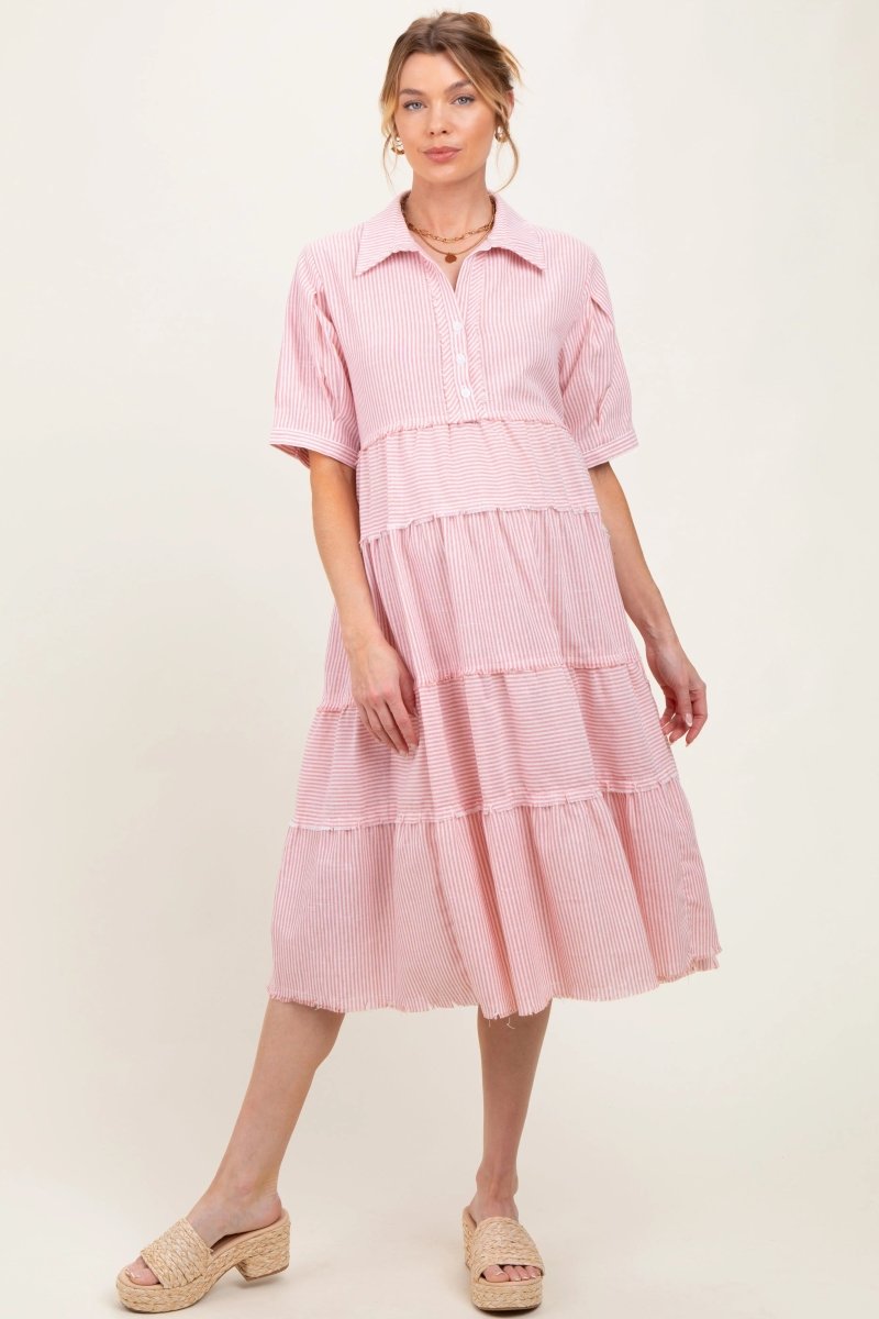 PinkBlush Stylish Pink Striped Maternity Midi Dress with Tiered Design for Expecting Moms - 