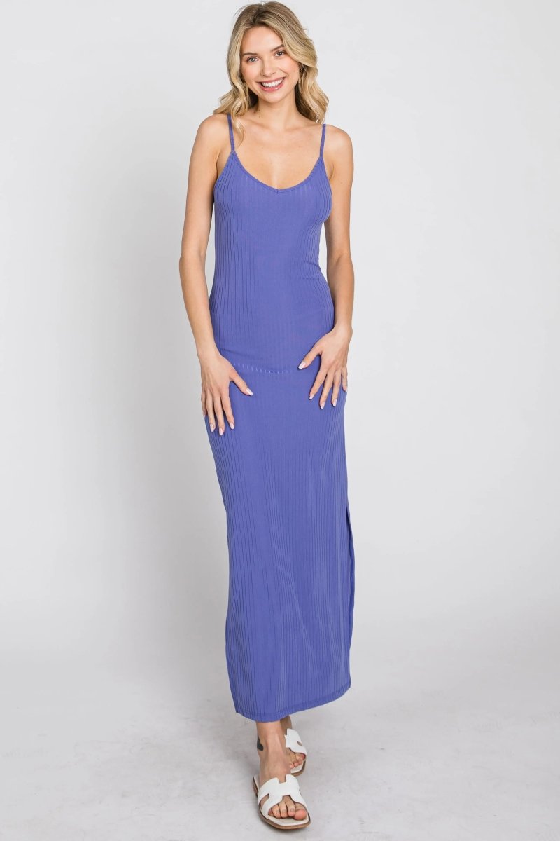 PinkBlush Stylish Violet Ribbed Maxi Dress with Side Slit for Casual Women - 