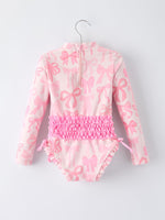 Rylee Faith Designs Summer Bow Print Girls Long Sleeve Ruffle One Piece Swimsuit