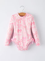 Rylee Faith Designs Summer Bow Print Girls Long Sleeve Ruffle One Piece Swimsuit