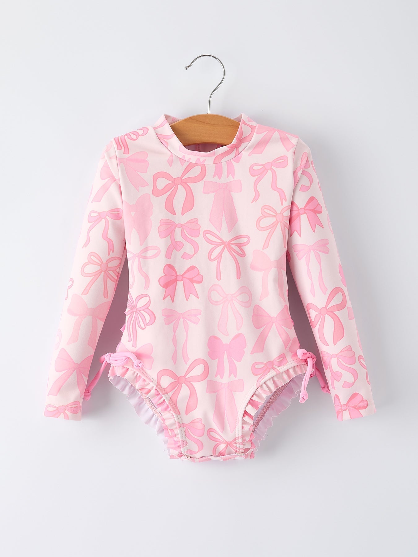 Rylee Faith Designs Summer Bow Print Girls Long Sleeve Ruffle One Piece Swimsuit