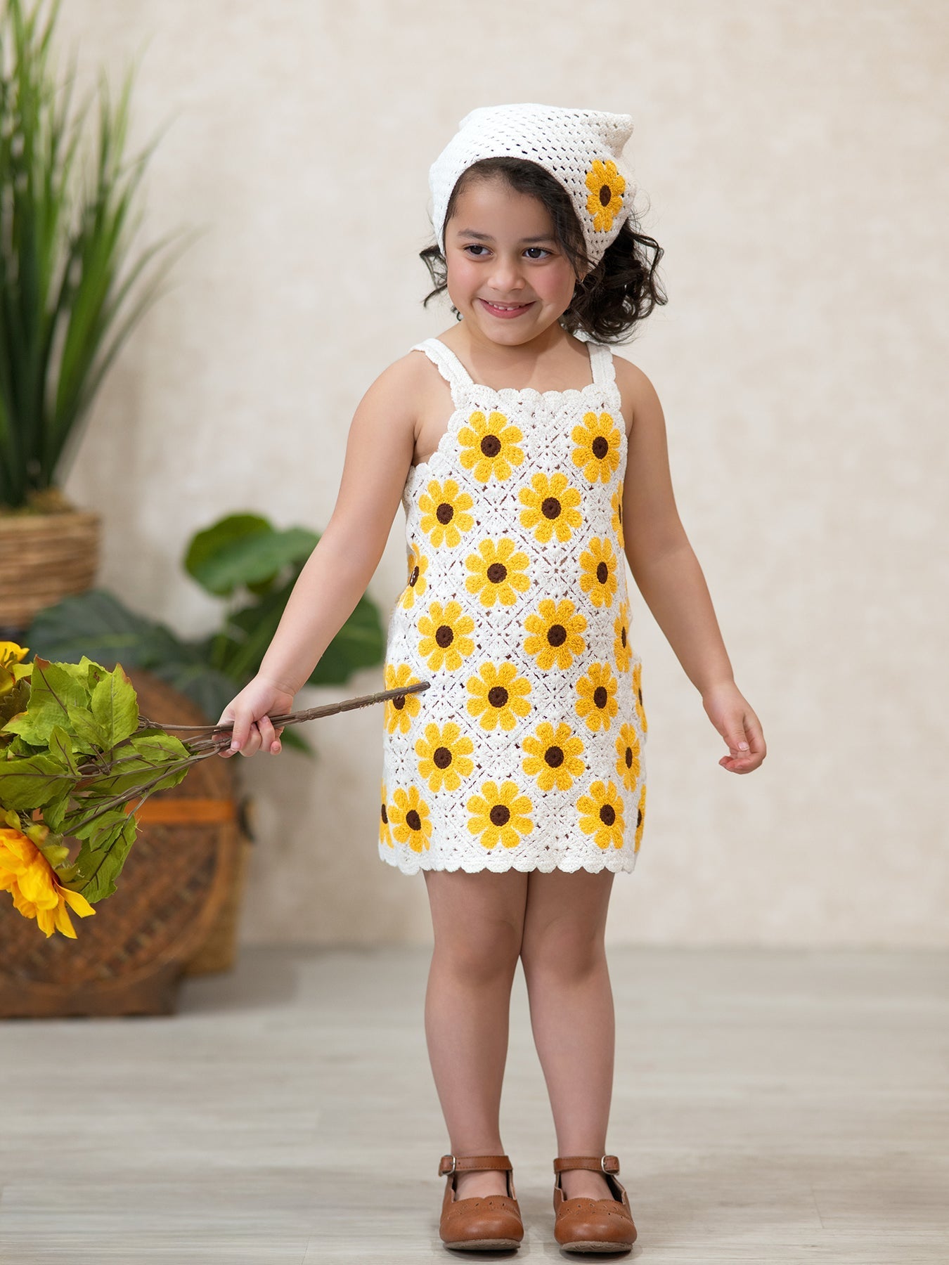 Rylee Faith Designs Summer Crochet Sunflower Girl Dress with HeadscarfEveretts Place