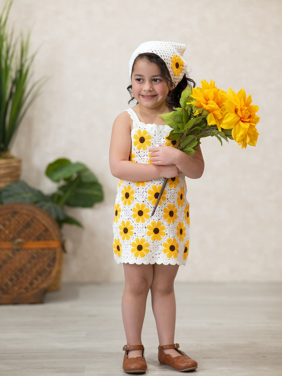 Rylee Faith Designs Summer Crochet Sunflower Girl Dress with HeadscarfEveretts Place